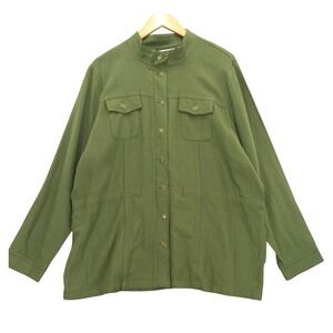 Susan Graver Pure Olive Green Linen Blend Mandarin Collar Button Up Shirt Top XL